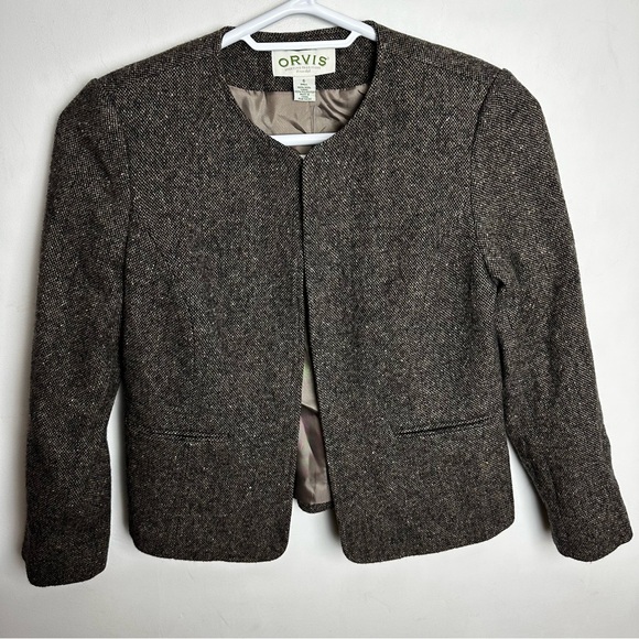 Orvis Tweed Short Blazer 100% Wool Women's 6 Open Lined Shoulder Pads Brown NEW - Picture 8 of 8